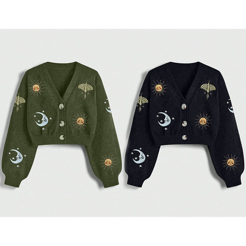 New Women'S Embroidered Button Knitted Cardigan Sweater Sun And Moon Pattern Lantern Sleeve V Neck Cardigan Top - Image 2